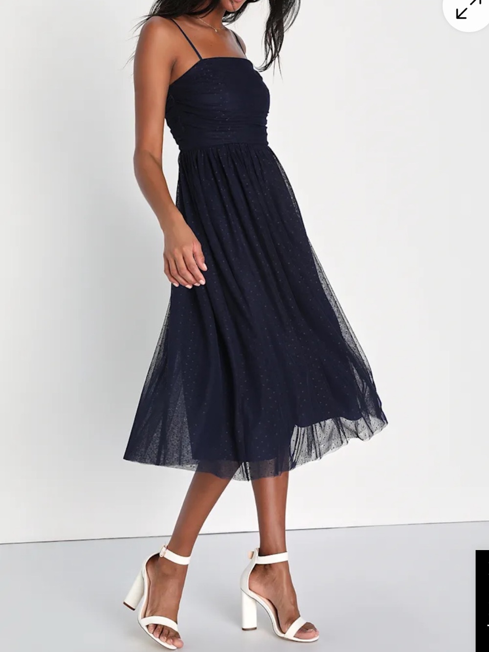Lulu’s Darling Sweetheart Navy Blue Swiss Dot Ruched Midi Dress size medium
